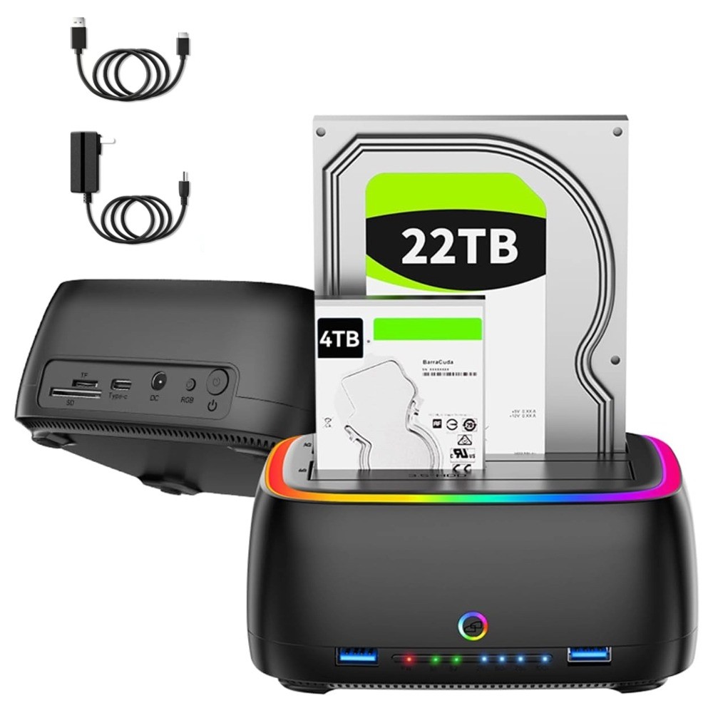 Dual‑Bay SATA Hard Drive Docking Station USB‑C 5Gbps, SD TF Card Reader RGB Lighting for 2.5" 3.5" HDD SSD | Augearix