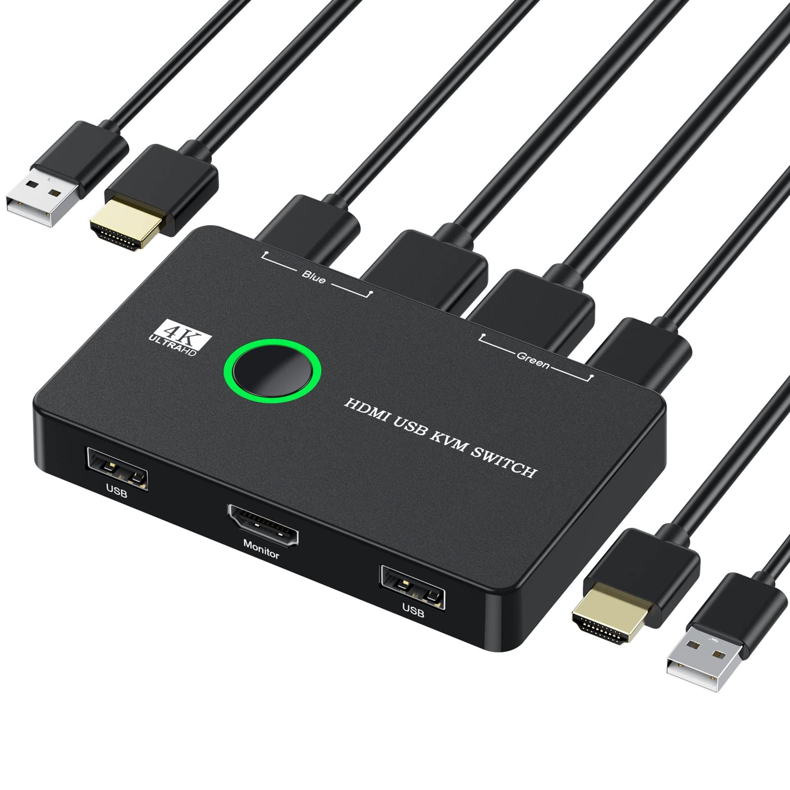 2 Port HDMI USB KVM Switch, Control 2 Computers Share Monitor, Keyboard & Mouse, Support 4K@60Hz, Includes 2 HDMI Cables and 2 USB Cables | Augearix