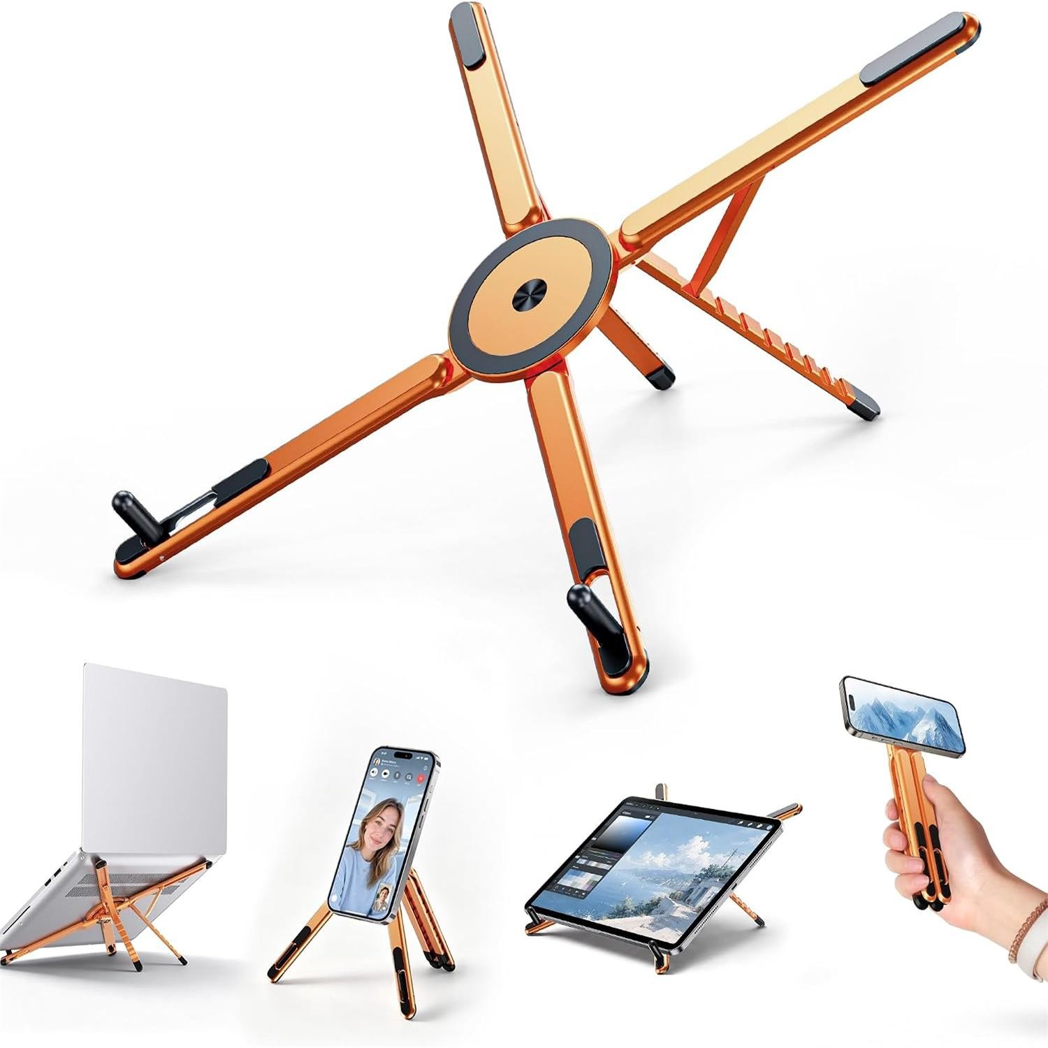 3-in-1 Portable Laptop Stand with Magnetic Phone Holder, Orange | Augearix