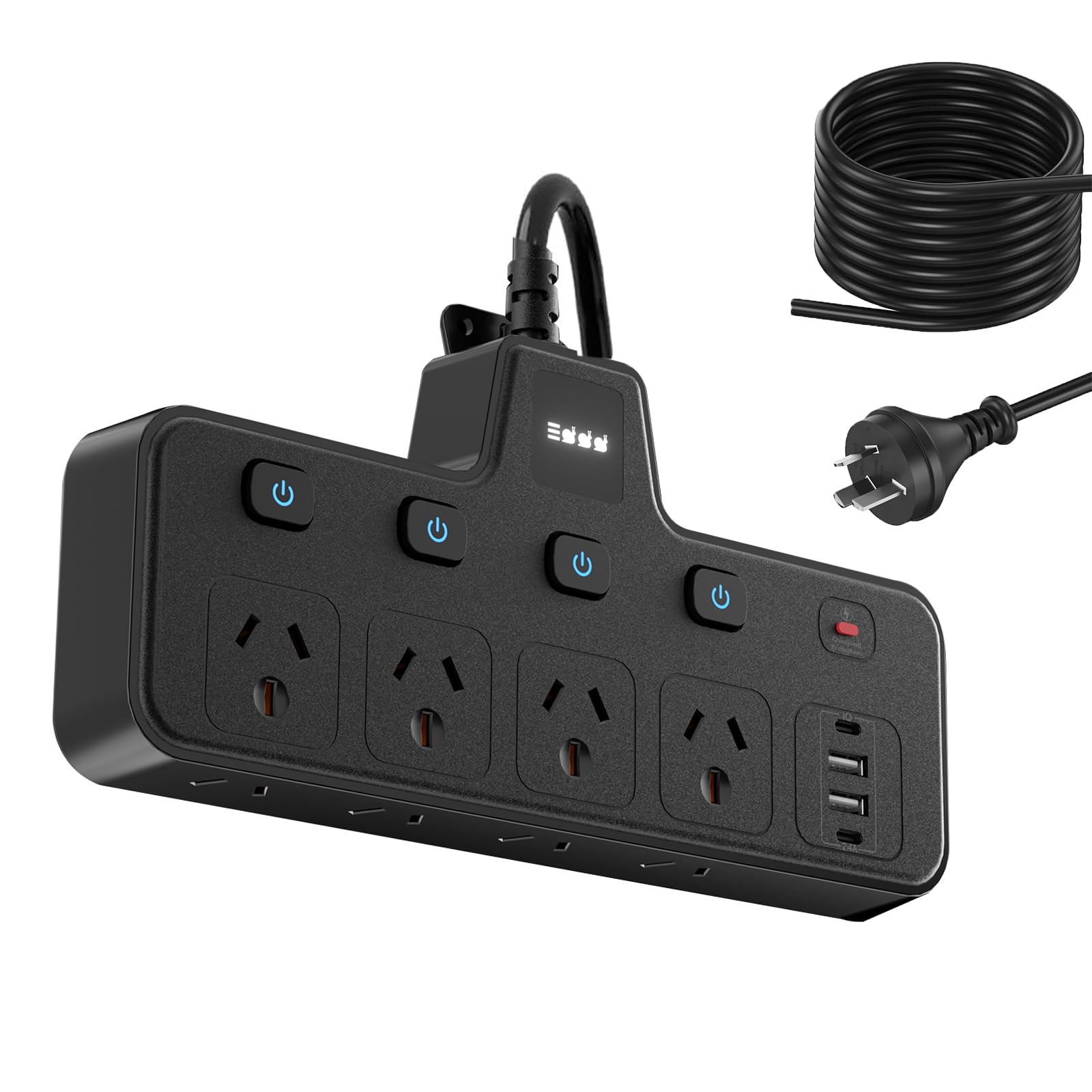 2M AU Power Strip, 12-in-1 Surge Protected, Individual Switches, RGB Touch Night Light, USB-A USB-C, 2500W - Black | Augearix