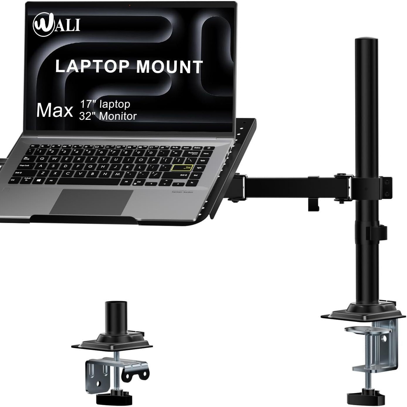 Single Laptop Notebook Desk Mount Stand, Fully Adjustable Extension with C-clamp, Fits up to 17 inch Laptops, Black