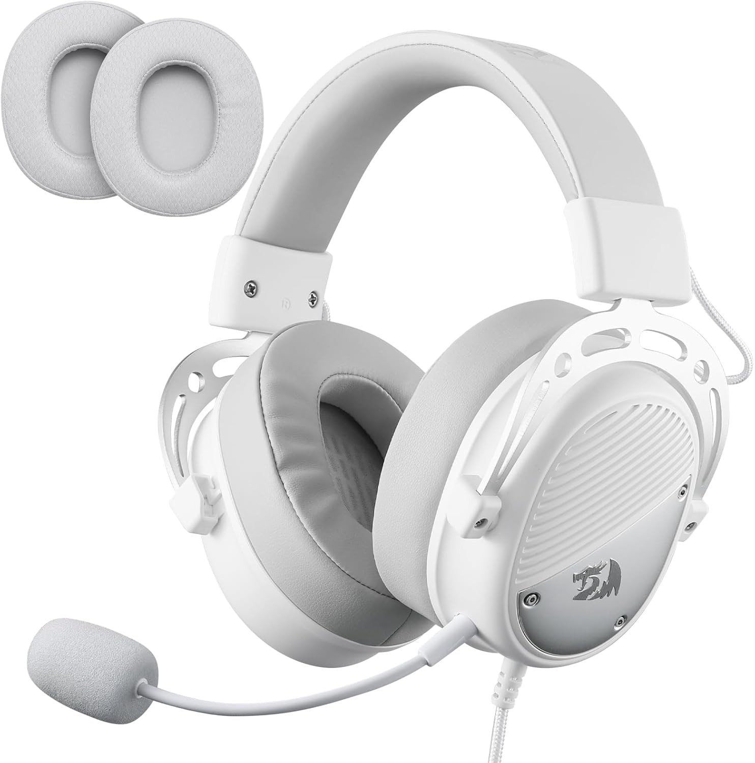 Redragon H730 USB Wired Gaming Headset 53mm Drivers, 360° Spatial Sound, Detachable Noise-Canceling Microphone Headphones, White