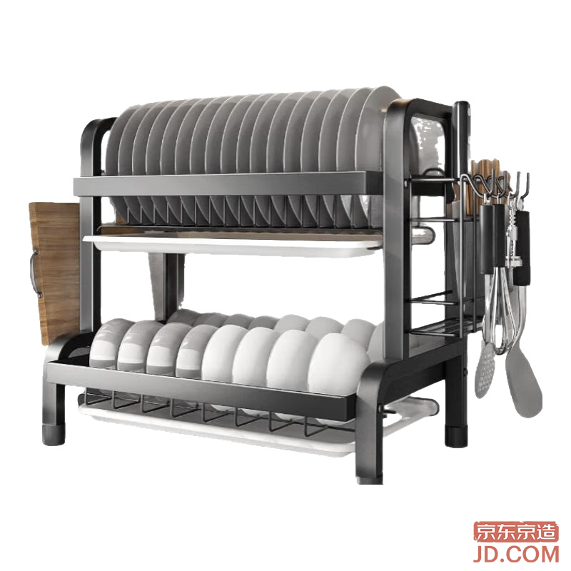 JD Bowl and Plate Rack Countertop Utensil Organizer Draining Rack with Cutting Board and Knife Holder Kitchen Tools [Double Layer]