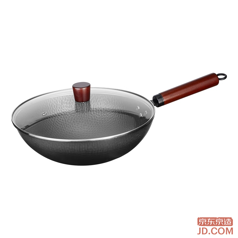 JD Wok Suitable for Gas Stoves, No Coating Non-stick, Hammered Textured Cast Iron Wok 32cm